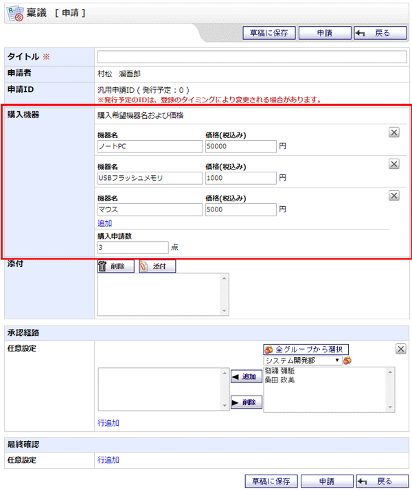 稟議 申請内容：表 使用例