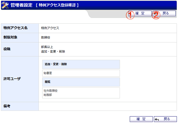 スケジュール 特例アクセス登録確認画面 機能詳細