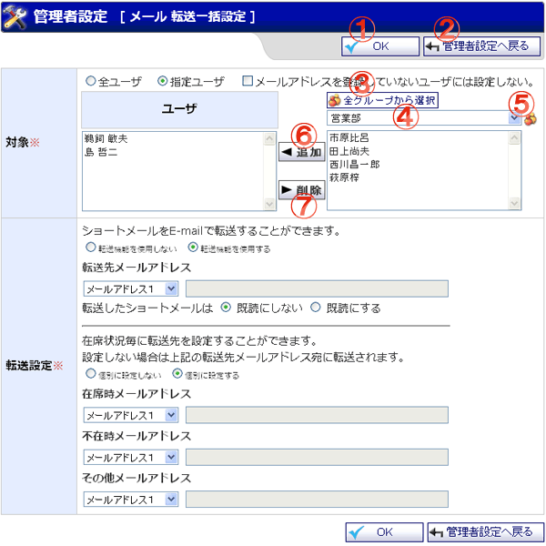 ショートメール メール転送一括設定 機能詳細